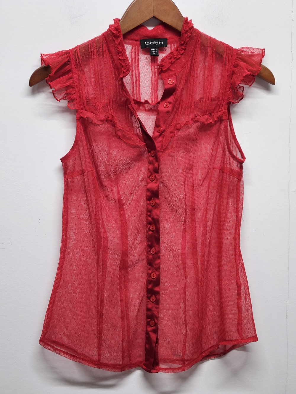 Bebe Red Sheer Mesh Ruffle Button-Up Sleeveless Blouse Top Size M Y2K Feminine